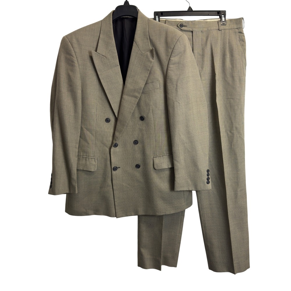 Vintage Mens 42R Double Breasted Suit Set Tan Micro Pattern Pleated Pants 34X32